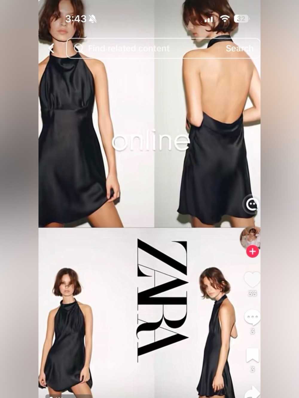 ZARA Black Satin Backless Halter Mini Dress